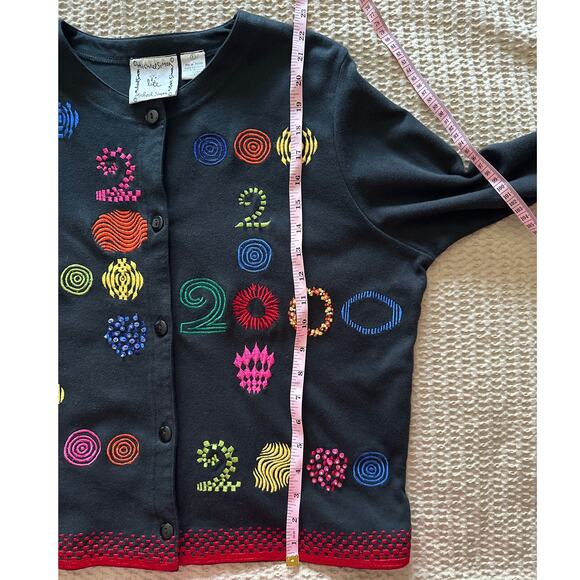 Vintage Y2K Michael Simon‎ Lite Black Cotton Knit Embroidered Cardigan Top Large - Picture 5 of 5